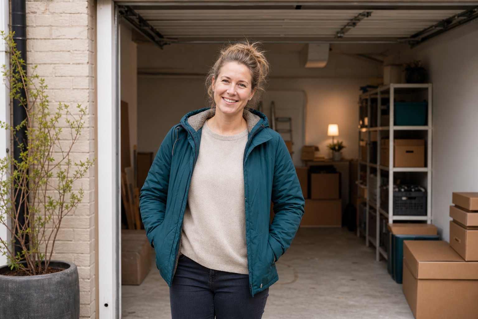 Person foran sin garage med ledig plads til udlejning