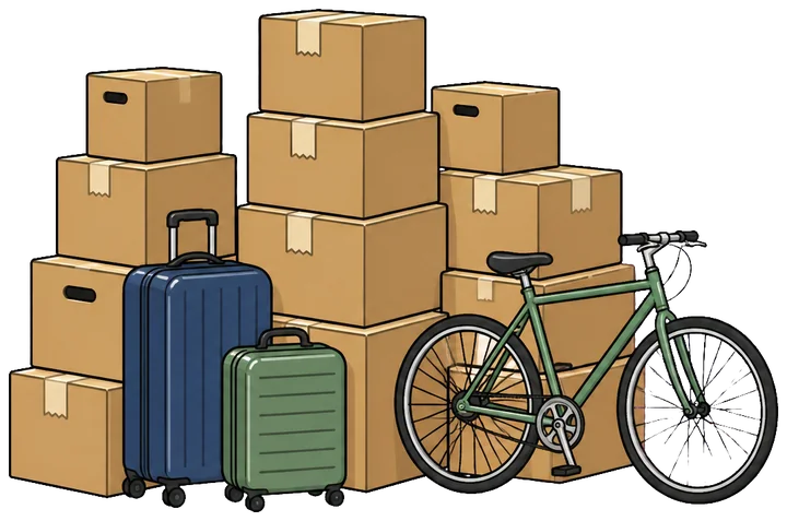 Illustration: ca. 15–20 flyttekasser, kufferter og en cykel
