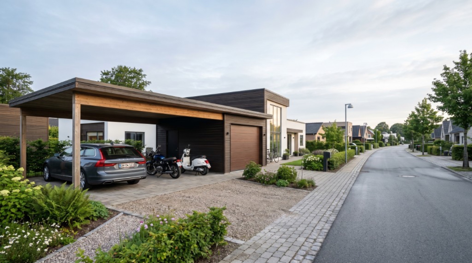 Privat garage og overdækket plads til køretøjsopbevaring.