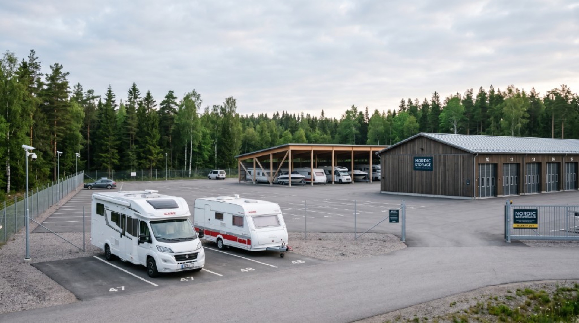 Aflåst udendørs og overdækket plads til campingvogn og autocamper.