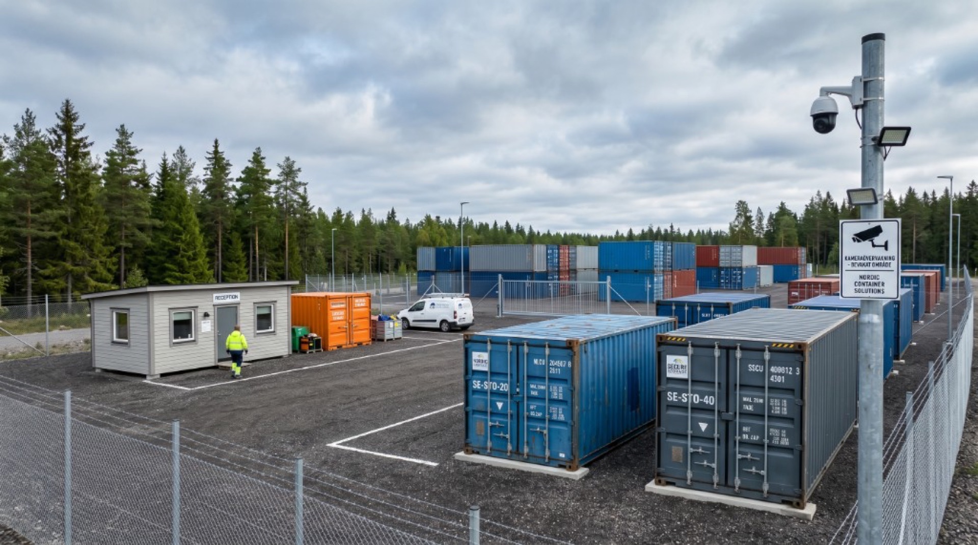 Udendørs containerlager med skibscontainere og reception.
