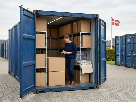 Kvinde ved organiserede flyttekasser i åben opbevaringscontainer med dansk flag i baggrunden